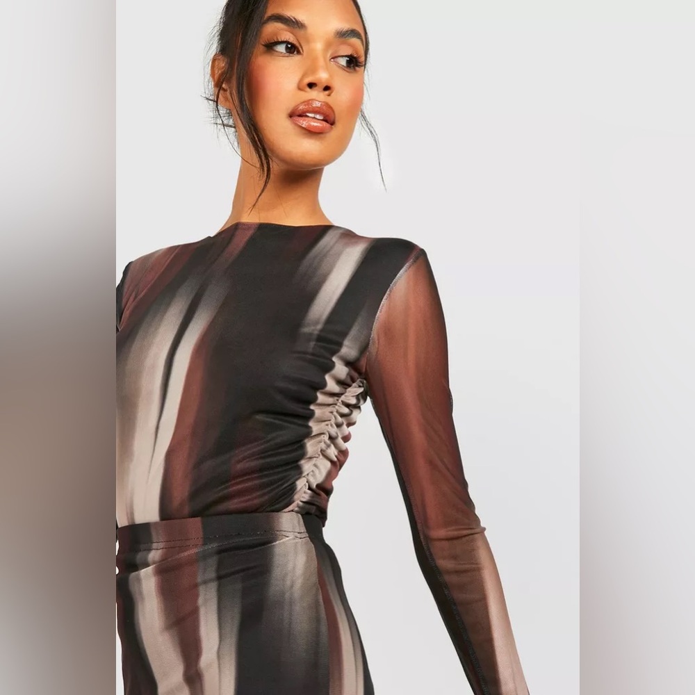 Boohoo Printed Mesh Ruched Top